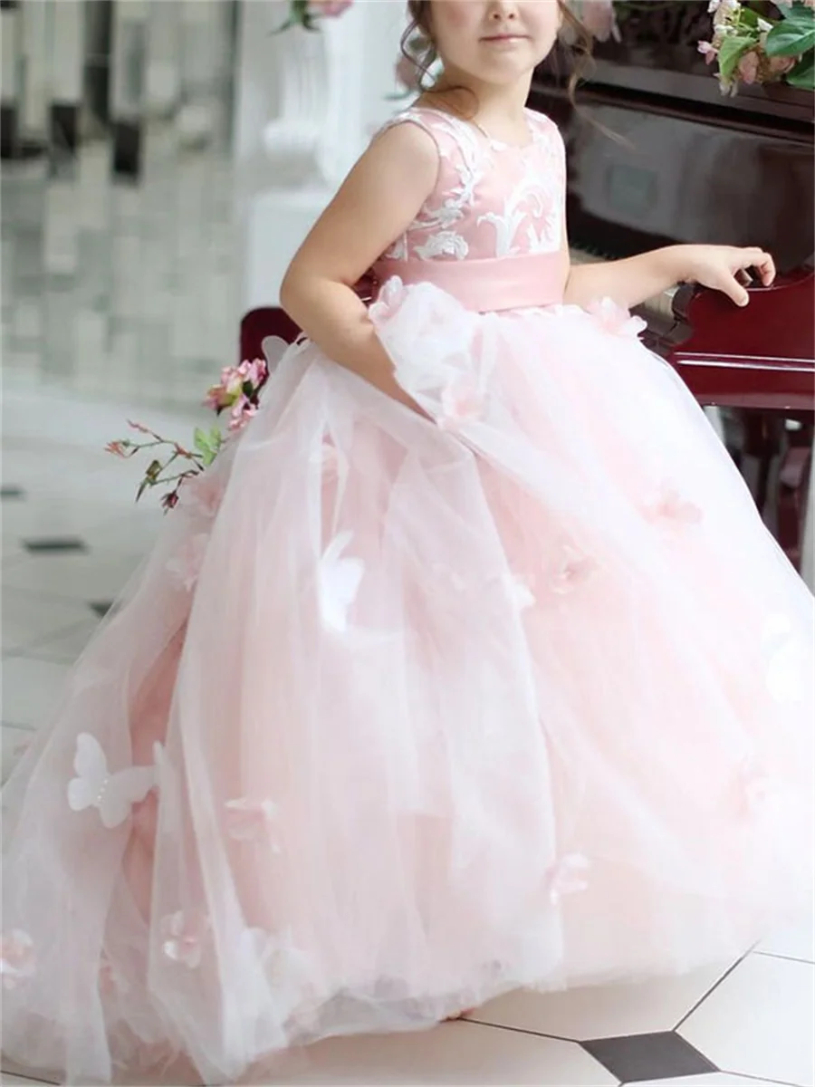 Top Trends: Princess Sleeveless Pink Satin Tulle Flower Girl Dresses Pageant Sweep Train Scoop Neck Beading Girls Birthday Gowns With Bow Shoppable Styles