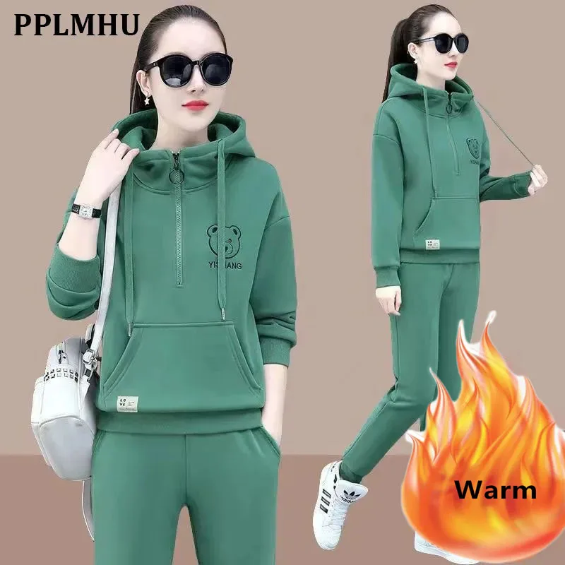 Top Trends: Autumn Winter Plus Velvet Thick Casual Tracksuit 2 Piece Set Women Outfits Korean Hooded Sweatshirt Pantsuit Jogging Sportswear Shoppable Styles