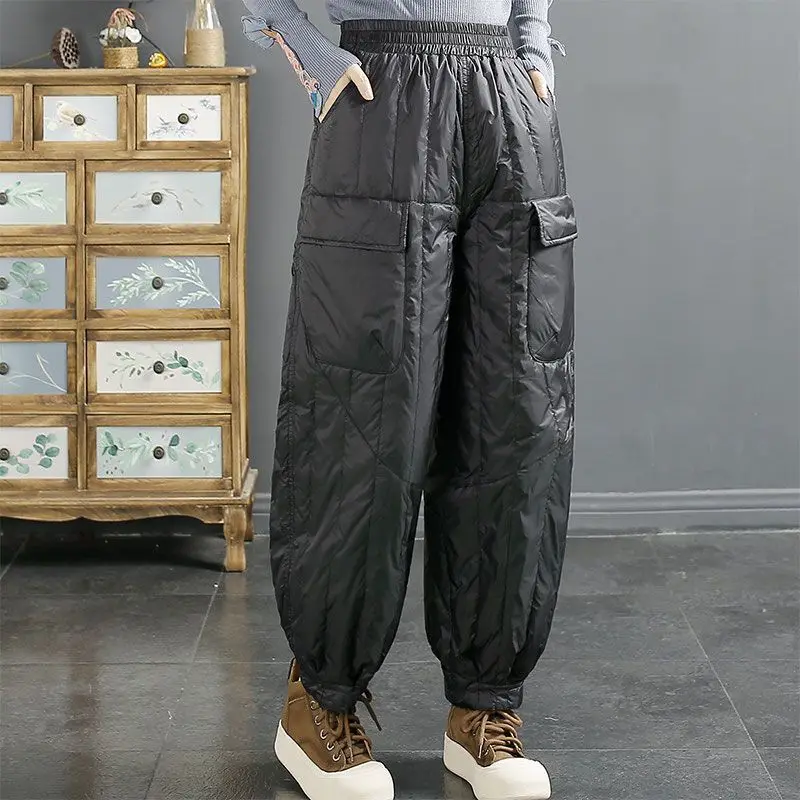 Top Trends: Women Winter New High Waist Harlan Pants Fashion Artistic Elastic Large Pocket Thickened Warm Casual Versatile Down Cotton Pants Shoppable Styles