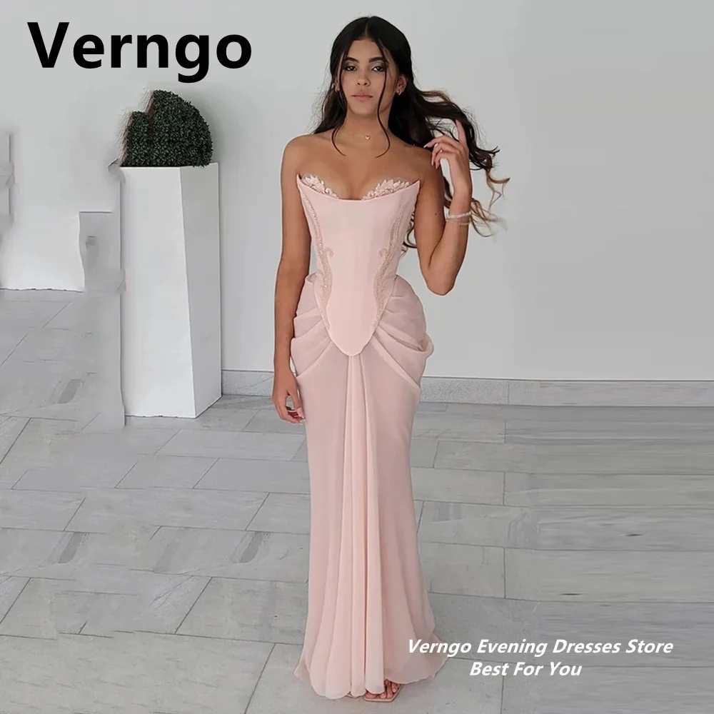 Top Trends: Verngo Blush Pink Chiffon Evening Gown Lace Applique Mermaid Party Dress Sexy Strapless Formal Dress Lace Up Prom Gowns Shoppable Styles