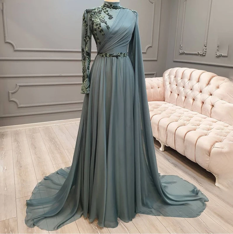 Top Trends: Chiffon Appliques Full Sleeve Muslim Prom Evening Dresses With Cape Arabic Dubai Hijab Formal Party Gowns Robe De Soiree Shoppable Styles