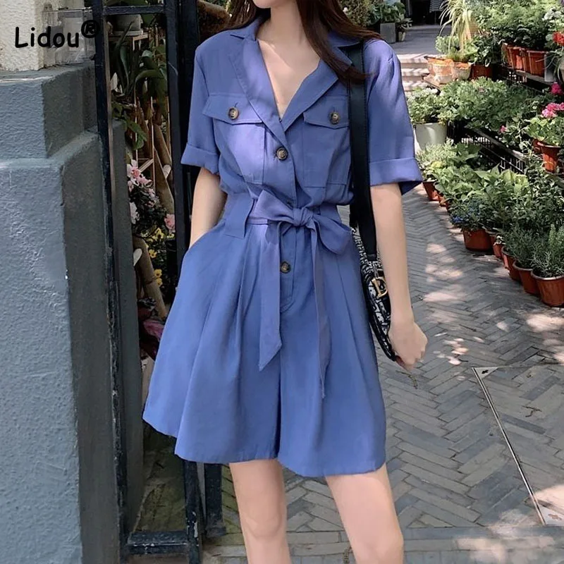 Top Trends: Fashion All-match Short Sleeve Solid Color Rompers Summer Women's Clothing Korean Casual Button Spliced Wide Leg Shorts Female Shoppable Styles