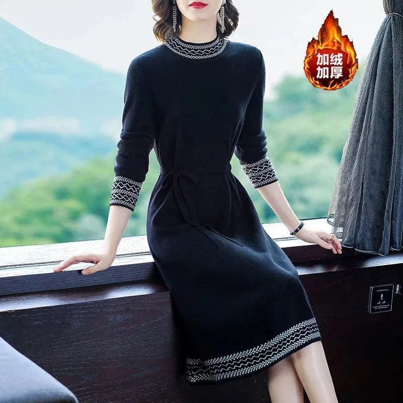 Top Trends: Autumn Winter Elegant Fashion Patchwork Waist Lace Up Dress Ladies Long Sleeve Slim Add Velvet Robe Women Vintage Casual Vestido Shoppable Styles