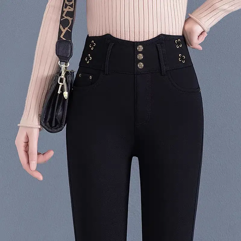 Top Trends: Korean Elastic High Waist Jeans With Arctic Plush Autumn Winter New Solid Button Zipper Fashion Slim Black Straight Pencil Pants Shoppable Styles