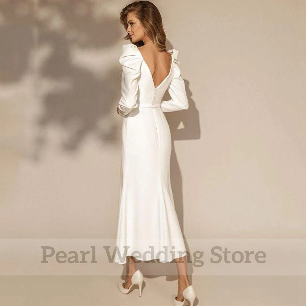 Top Trends: Vintage Square Collar Long Sleeve Wedding Dress With Belt Open Back Mermaid Mid-Calf Bridal Custom Made Civil Marriage Gowns Shoppable Styles - Image 2