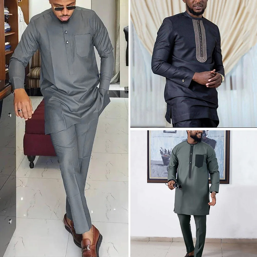 Top Trends: Dashiki Men Clothing 2 Pieces Long Sleeve Outfit African Clothes For Men Kaftan Luxury Shirt Pant Full Men Suits Wedding Dress Shoppable Styles