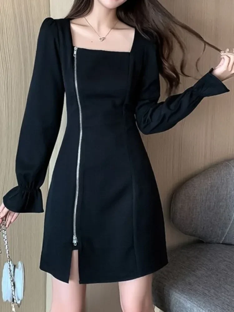 Top Trends: QWEEK 2023 Autumn Korean Zip Oversized Black Long Sleeve Mini Dress Women Vintage Retro Square Collar Short Dresses Shoppable Styles