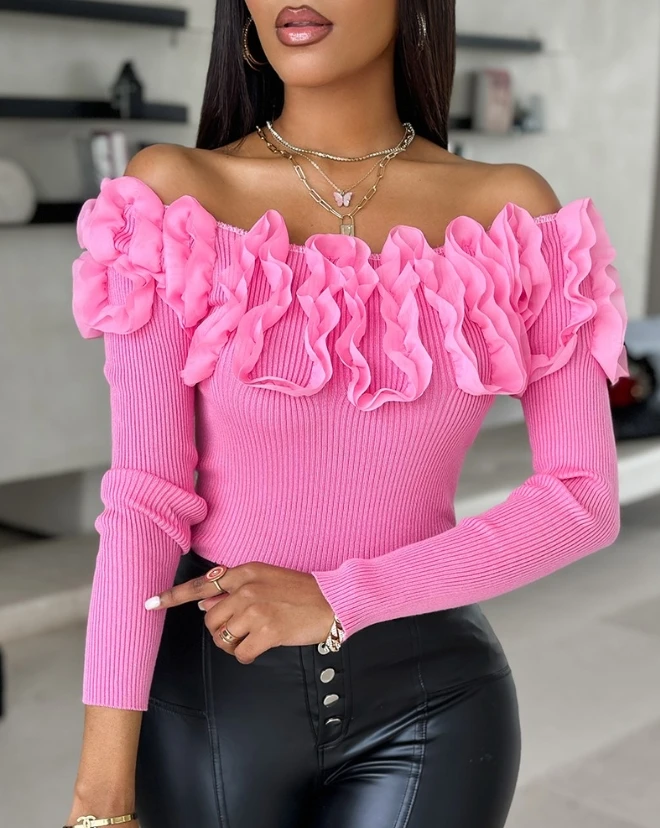 Top Trends: Y2K Tops Sweater For Women Sexy Elegant Female Pink Lace Floral Pattern Long Sleeve Knit Sweater Top Off Shoulder Pullover Top Shoppable Styles