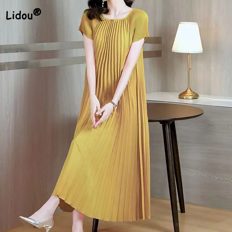 Top Trends: Fashion Solid Color Elegant Pleated Long Dress For Women Summer Korean Loose Simplicity Round Neck Dresses Female Clothing 2023 Shoppable Styles