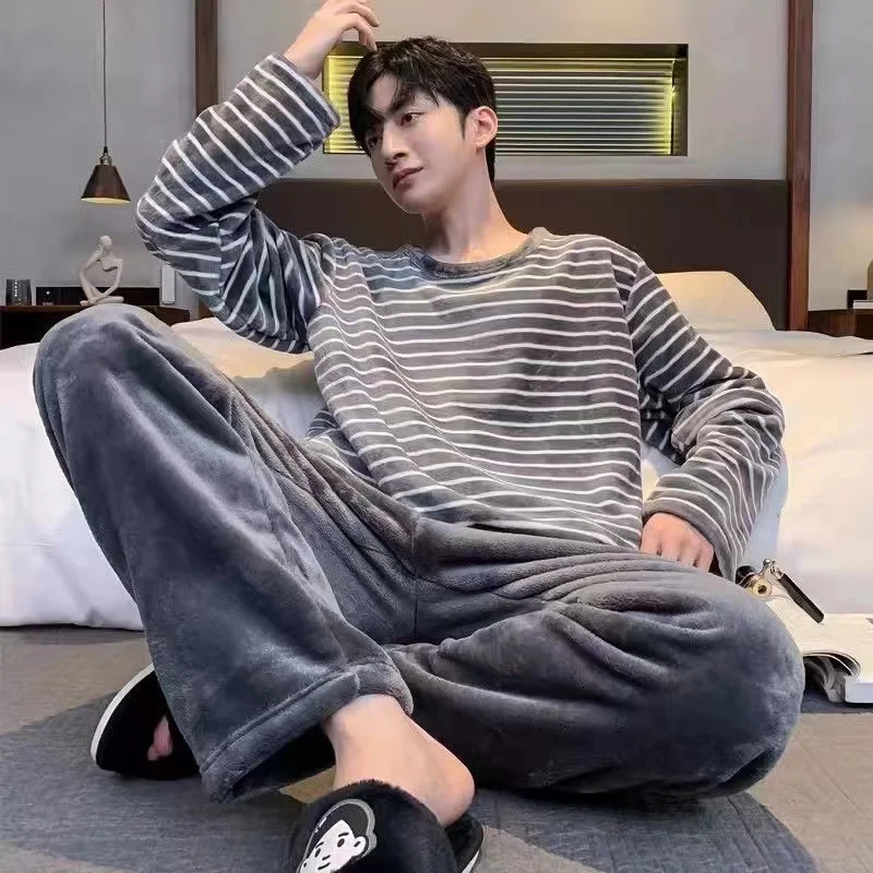 Top Trends: Winter Men Thicken Warm Flannel Pajama Set Male Long Sleeved Men'S Winter Stripe Leisure Homewear Cloth Loose Men Sleepwear Set Shoppable Styles