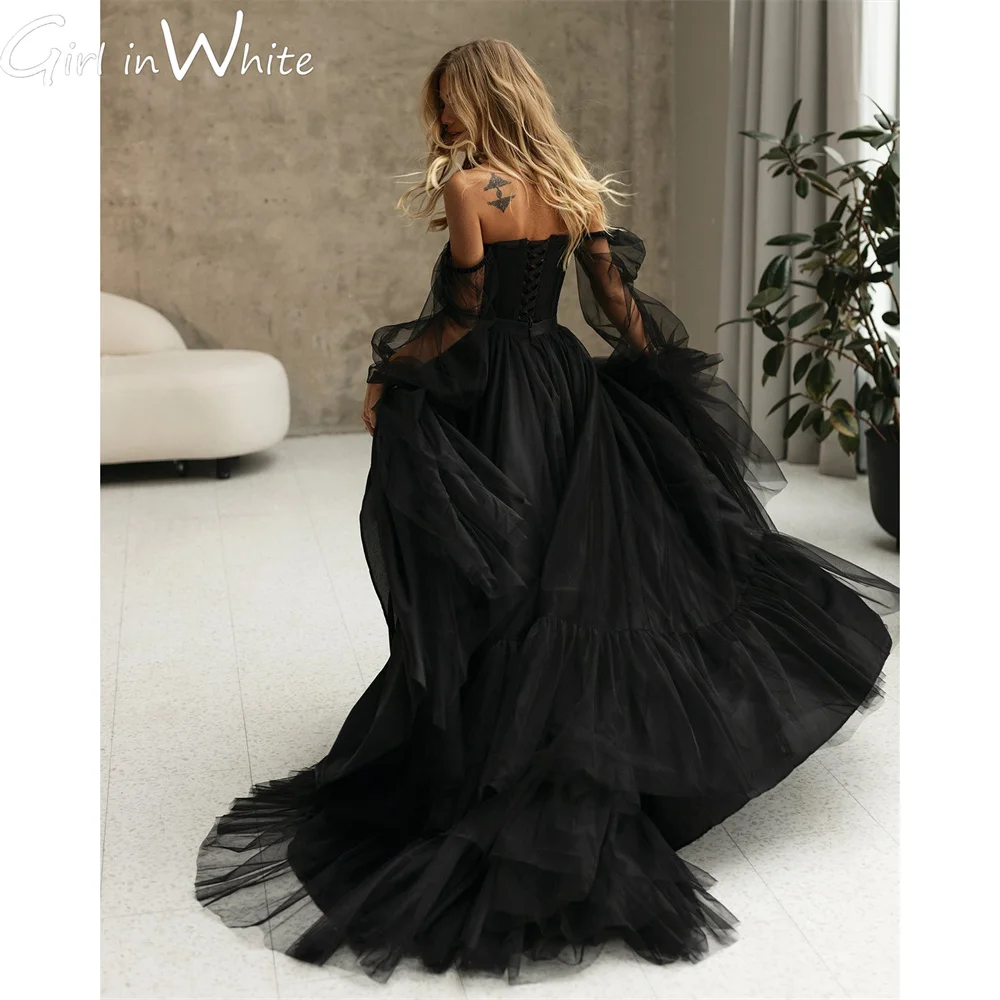 Top Trends: Princess Black Tulle Wedding Dress A Line Off The Shoulder Wedding Gown Lace Up Back Bridal Gown свадебное плат Vestido De Novia Shoppable Styles