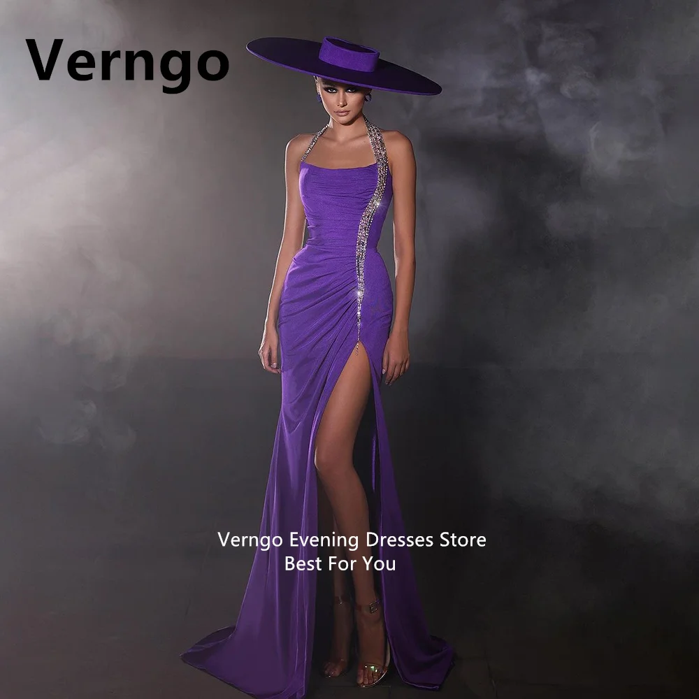 Top Trends: Verngo Purple Satin Party Dress Sequined Mermaid Evening Dress For Women Sexy Side Slit Long Prom Gowns Sleeveless Formal Dress Shoppable Styles