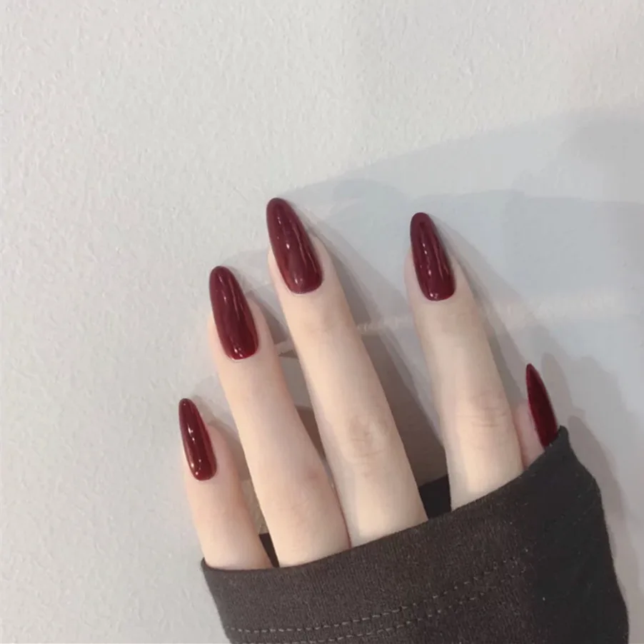 Top Trends: 24pcs Wine Red Long Round Coffin Fake Nails With Glue Finished Art Full Cover Artificial Wearing False Nails Press On Nails Set Shoppable Styles