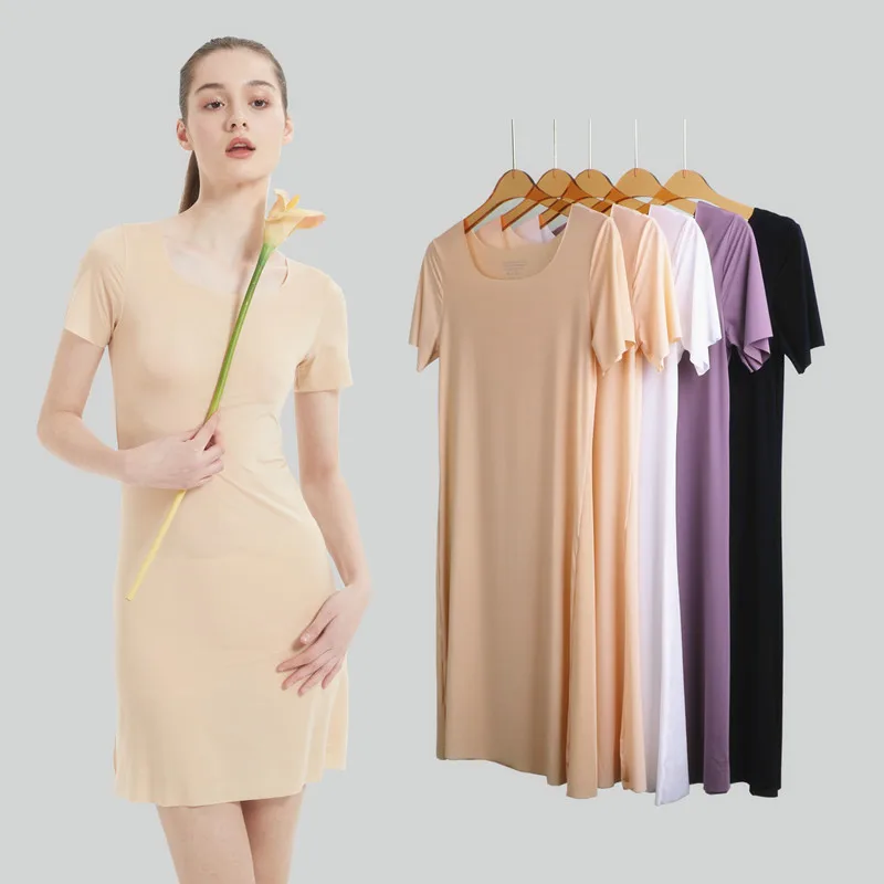 Top Trends: Plus Size Seamless Ice Silk Full Slips Dresses For Women Thin Summer Short Sleeve Mini Cool Petticoat Underkirt Sleepwear Dress Shoppable Styles