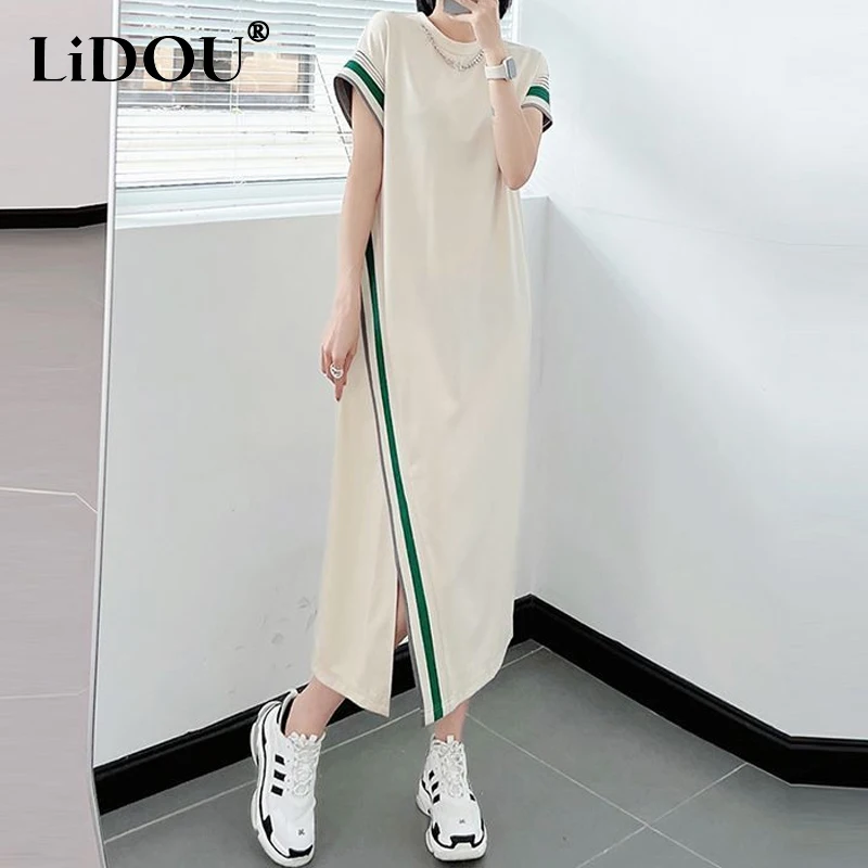 Top Trends: 2023 Summer New Korean Style Contrast Color Asymmetrical Ladies Midi Dress Female Short Sleeve Loose Casual Straight Vestidos Shoppable Styles