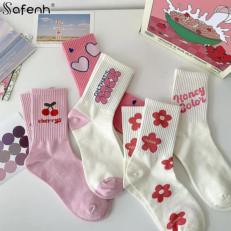 Top Trends: 1pair Pink Casual SocksFlower Women Socks Fashion Cute Sweet Harajuku Cotton Socks Casual Korea Japanese Kawaii Girls Calcetines Shoppable Styles