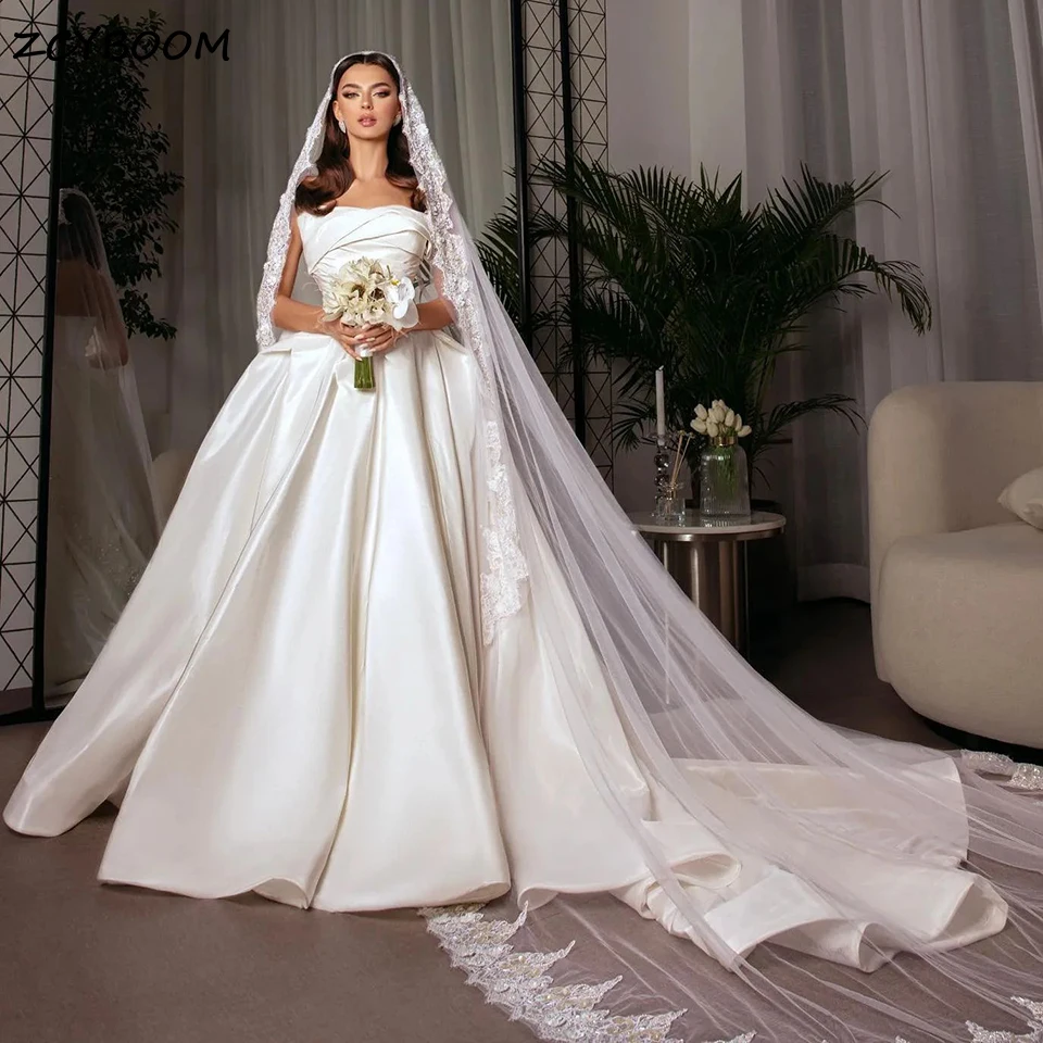 Top Trends: Luxury White / Ivory Strapless Satin Ball Gown Wedding Dress 2024 Dubai Sleeveless Chapel Train Women Bride Gowns Vestido De Novia Shoppable Styles