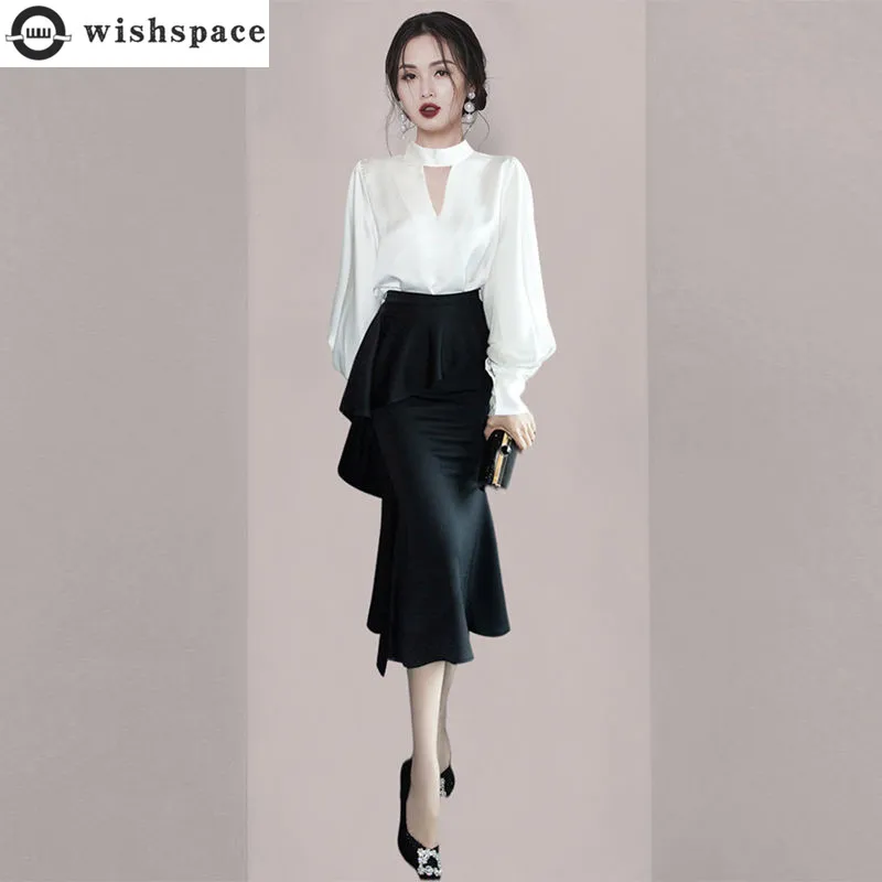 Top Trends: Korean Popular Personality Long-sleeved Chiffon Shirt Ruffled Skirt Two-piece Elegant Women Skirt Suit Office Manager Outfits Shoppable Styles