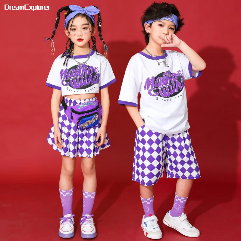 Top Trends: Boys Hip Hop Print T-shirt Street Dance Shorts Girls Purple Crop Top Plaid Skirts Child Summer Clothes Sets Kids Jazz Costumes Shoppable Styles