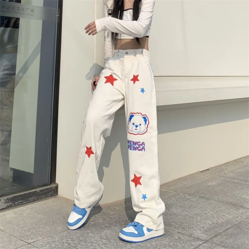 Top Trends: Streetwear Fashion Women Kawaii Jeans Spring Autumn New High Street Star Little Bear Casual High Waist All-match Loose Trousers Shoppable Styles - Image 3