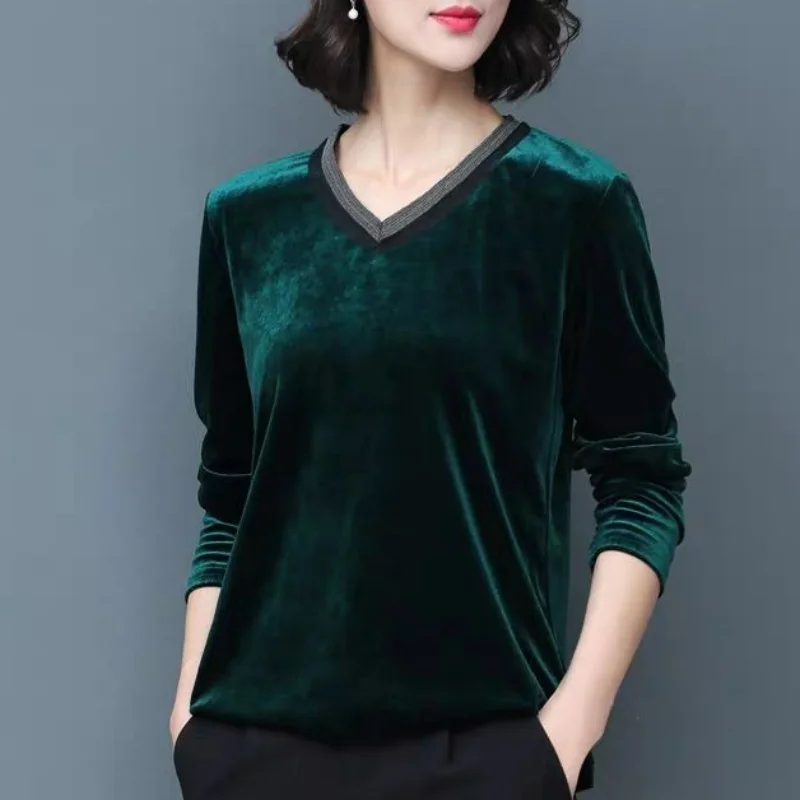 Top Trends: Korean Autumn And Winter New Golden Velvet Long Sleeved T-shirt Women's Solid V-neck Patchwork Chain Versatile Casual Plush Tops Shoppable Styles