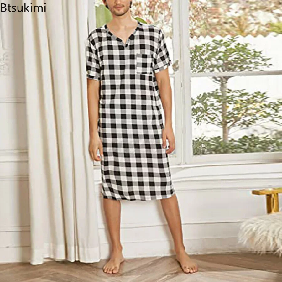 Top Trends: 2024 Men&#039;s Casual Cotton Plaid Sleep Robe Pajamas Short Sleeve V-neck Homewear One-piece Comfortable Home Loose Bathrobe Male Shoppable Styles