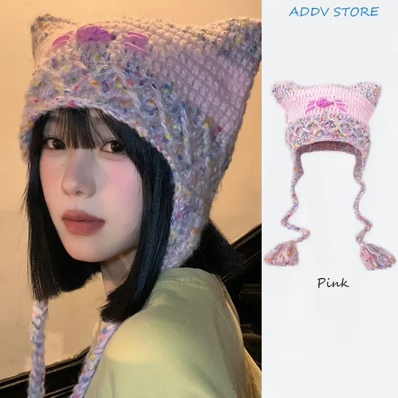 Top Trends: Y2K Style Cute Pink Cat Hat Winter Furry Warm Woven Beanie Hat Cute Funny Handmade Knitted Pullover Hat Shoppable Styles