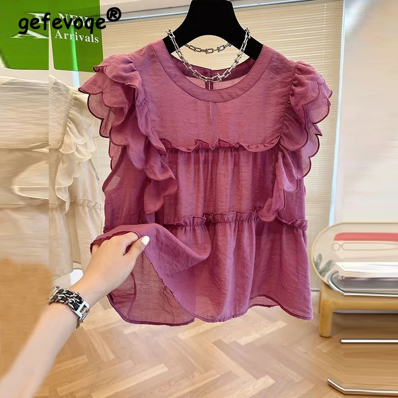 Top Trends: 2023 Women Summer Trendy Ruffle Sweet Chic Blouses Casual Solid O Neck Sleeveless Loose Shirts Y2K Kawaii Streetwear Tops Blusa Shoppable Styles