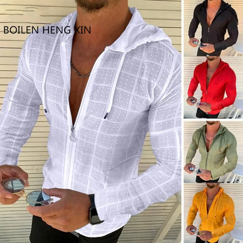 Top Trends: Fashionable New Men's Zippered Hooded White Plaid T-shirt Hip-hop Long Sleeved Cardigan Men's T-shirt Top S-3XXL Shoppable Styles