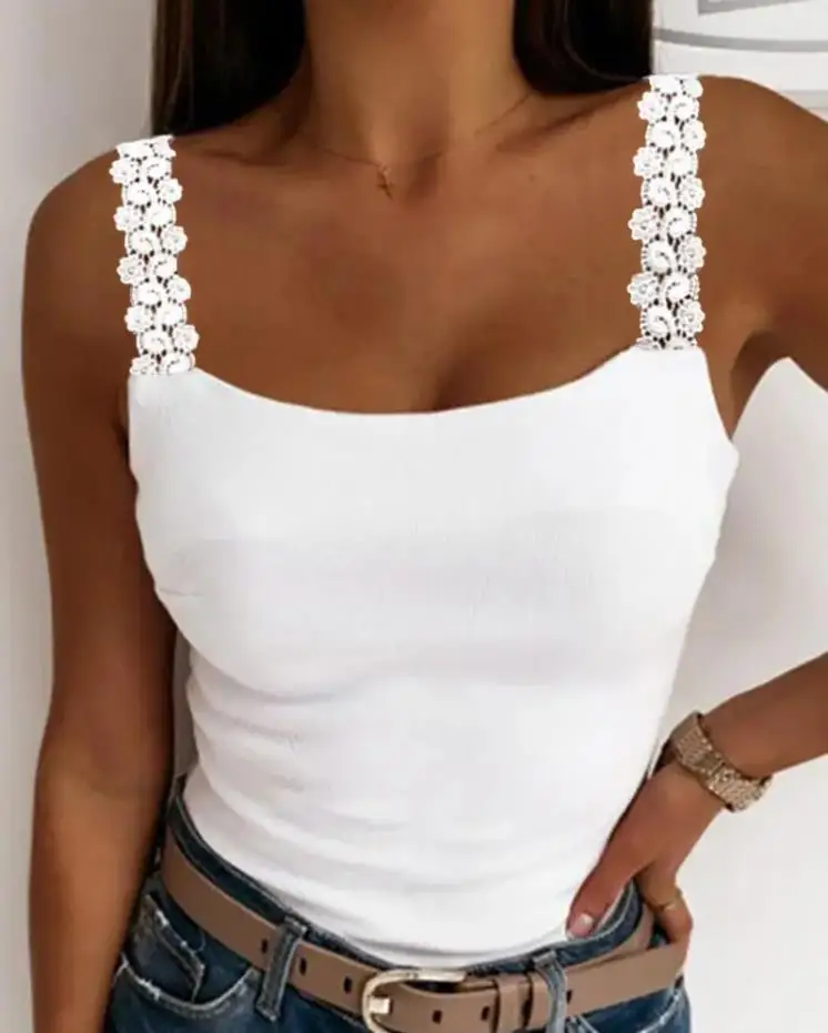 Top Trends: Casual Daily Tops Women 2022 Trendy Fashion Office Basics U Neck Sleeveless Lace Patch White Tank Top Woman Clothes Blouses Shoppable Styles