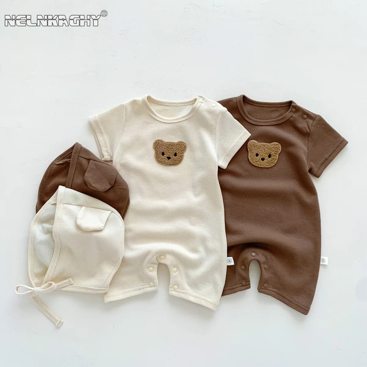 Top Trends: New In Summer Kids Baby Girls Boys Short Sleeve Waffle Patch Bear Infant Newborn Jumpsuits Cotton Romper Gift Hat With Ear Shoppable Styles