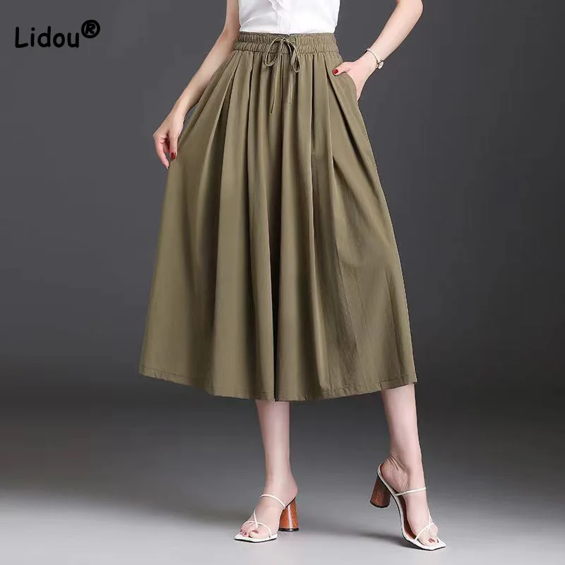 Top Trends: Ice Silk Wide Leg Pants With High Waist And Dropping Skirt Pants Summer Thin Drawstring Pockets Cropped Casual Solid Trousers Shoppable Styles