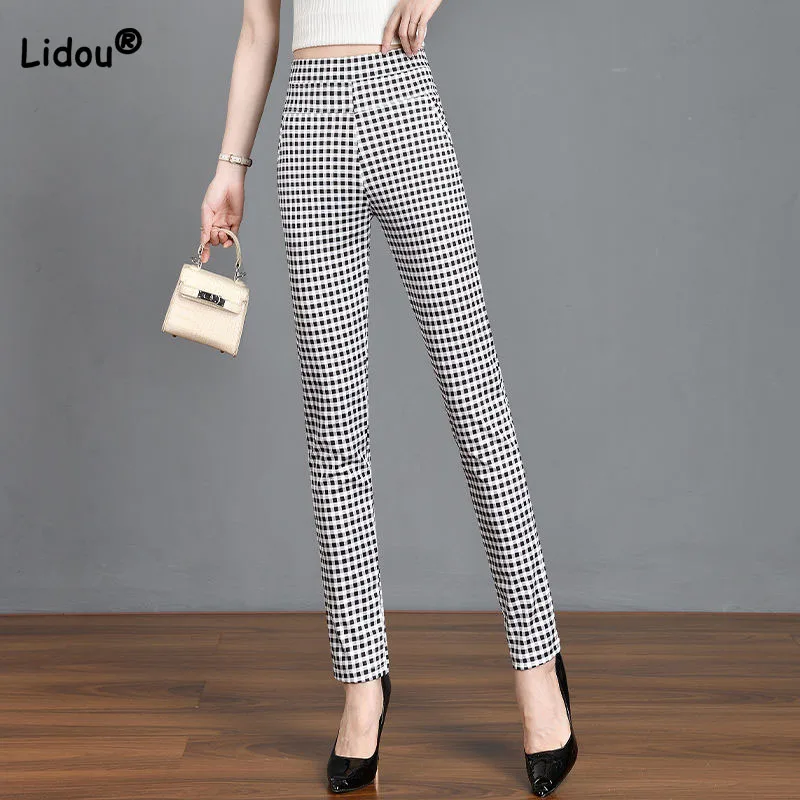 Top Trends: Casual All-match Women's Plaid Pencil Pants 2023 Autumn Simplicity Elastic High Waist Skinny Trousers Fashion Female Clothing Shoppable Styles