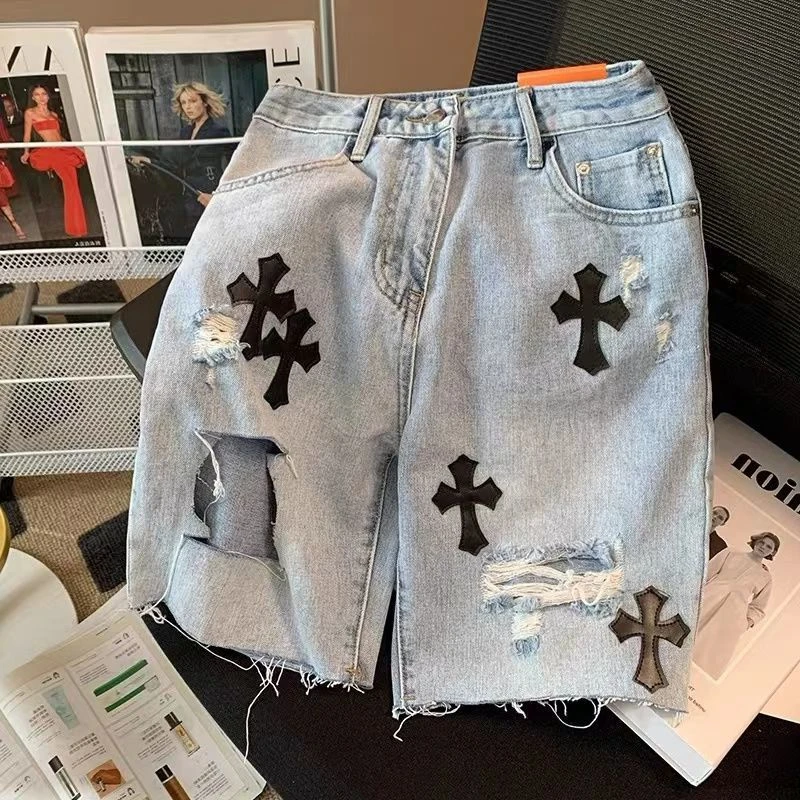 Top Trends: Y2K Ripped Denim Shorts European And American High Street Cross Jeans Hip-hop Boyfriend Straight Loose Wide-leg Pants Ins Hot Shoppable Styles