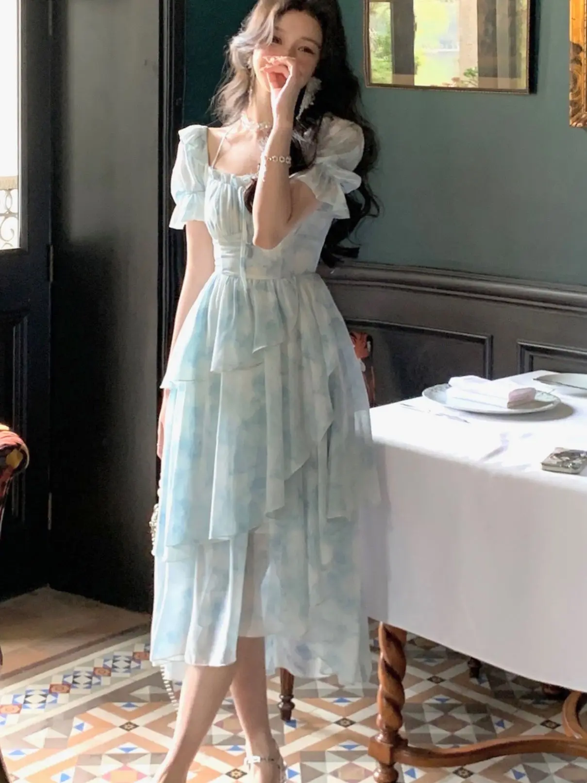 Top Trends: French Chiffon Print Midi Dress For Women 2023 New Summer Elegent Party Blue Floral Vestidos Holiday Vintage Female Clothes Shoppable Styles