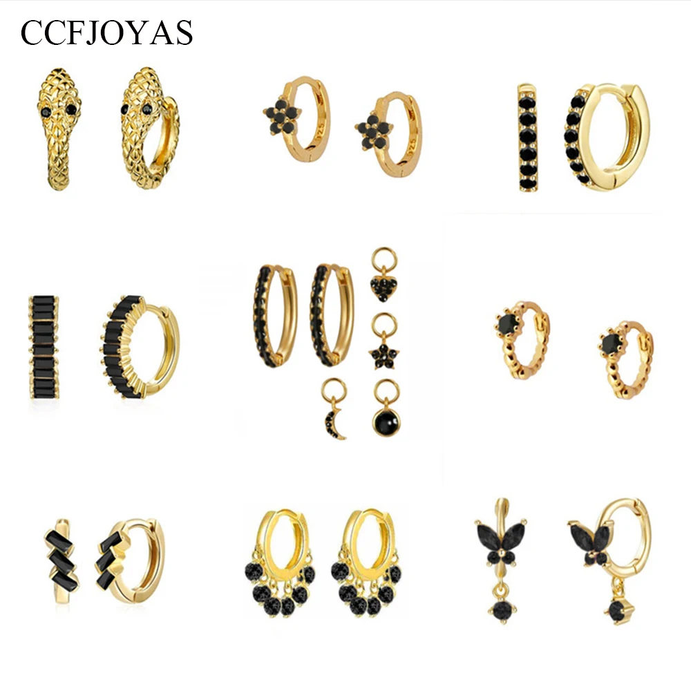 Top Trends: CCFJOYAS Black Color Zircon 925 Sterling Silver Hoop Earrings Women Gold Color Earrings Fashion Jewelry New Arrival Wholesale Shoppable Styles