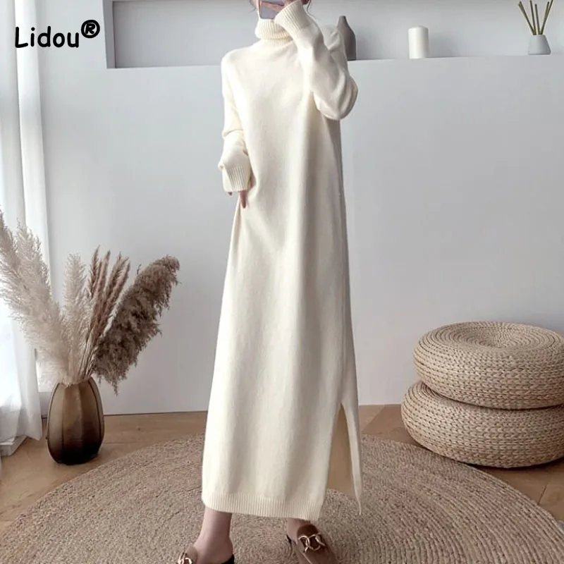 Top Trends: Fashion Elegant Lady Solid Sweaters Dress Autumn Winter Women&#039;s Clothing Long Sleeve Temperament Turtleneck Knitted Dresses Shoppable Styles