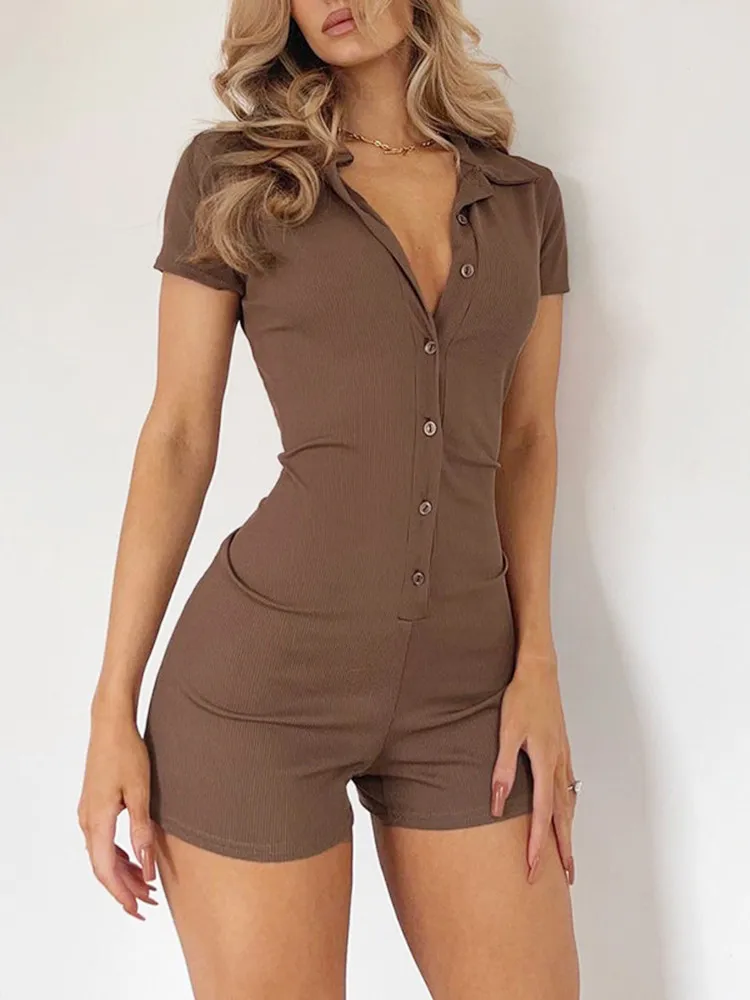 Top Trends: Rib Black Jumpsuit Women Turn Down Collar Short Sleeve Bodysuits Single Breasted Button Ropa De Mujer One Piece Bodycon Romper Shoppable Styles