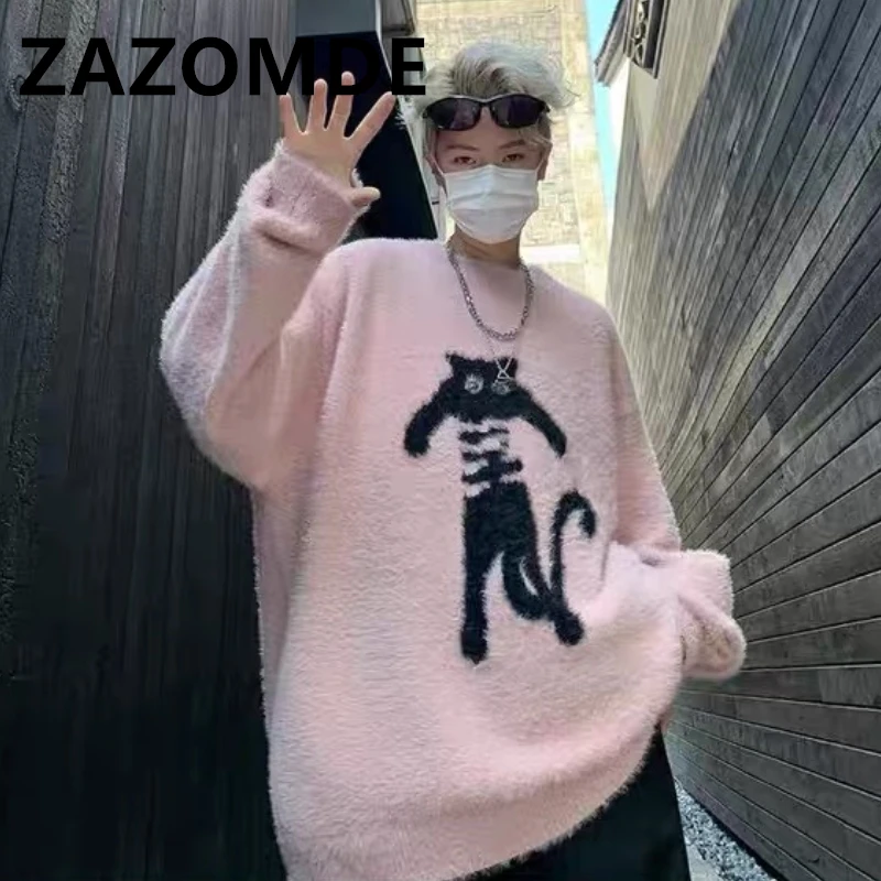 Top Trends: ZAZOMDE Cartoon Knitting Sweater Men Loose Knitted Jumpers Autumn Streetwear Harajuku Cat Pattern College Knit Pullovers Couple Shoppable Styles