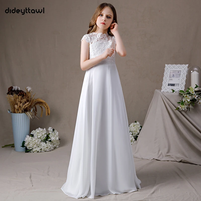 Top Trends: Dideyttawl Lace Chiffon Dress For Girl Cap Sleeves First Communion Gown A Line Floor Length High Neck Junior Bridesmaid Shoppable Styles