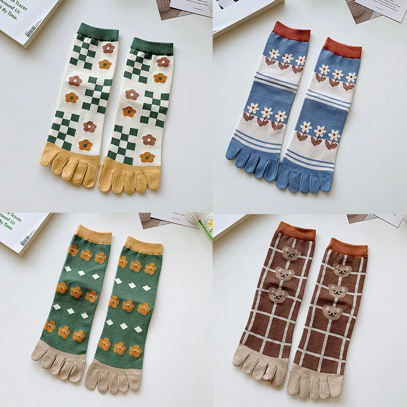 Top Trends: Five Fingers Women Socks Animals Cartoon Print Japanese Kawaii Cute Socks Casual Plaid Harajuku Floral Retro Vintage Socks Women Shoppable Styles