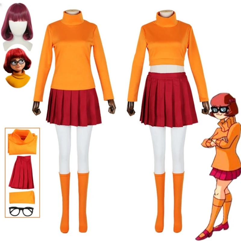 Top Trends: Anime Velma Seragam Cosplay Kostum Orange Short Skirt Uniform Wanita Oranye Kaus Kaki Rok Atas Halloween Party Carnival Set Shoppable Styles