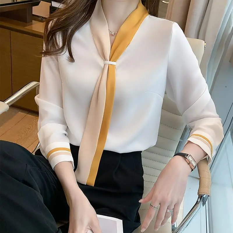 Top Trends: Autumn Fashion Lacing V-neck Long Sleeve Blouse Women Clothing Simplicity Pullover Shirts Ladies Office Lady Loose Tops Shoppable Styles