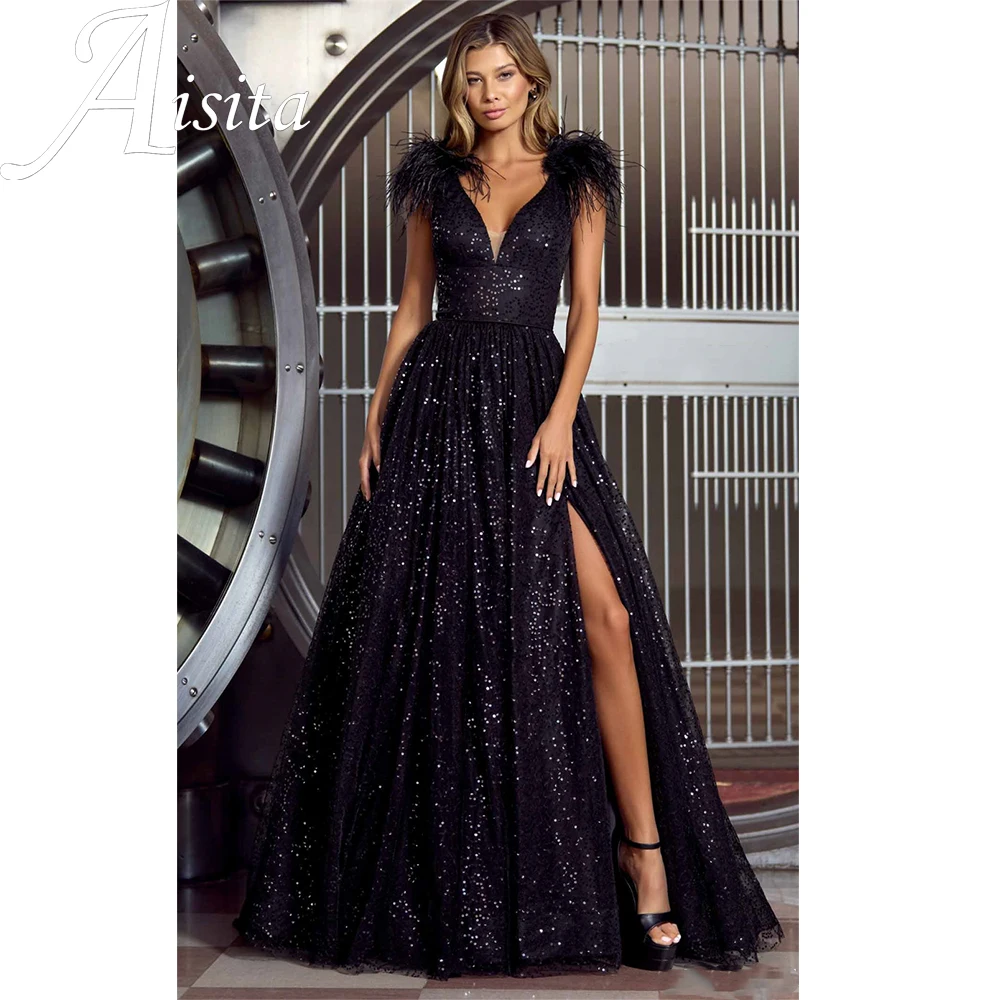 Top Trends: Sexy Sparkling Prom Dresse Princess One Shoulder Prom Gown Shiny Black Side Split A-Line Formal Party Dress فساتين مناسبة رسمية Shoppable Styles