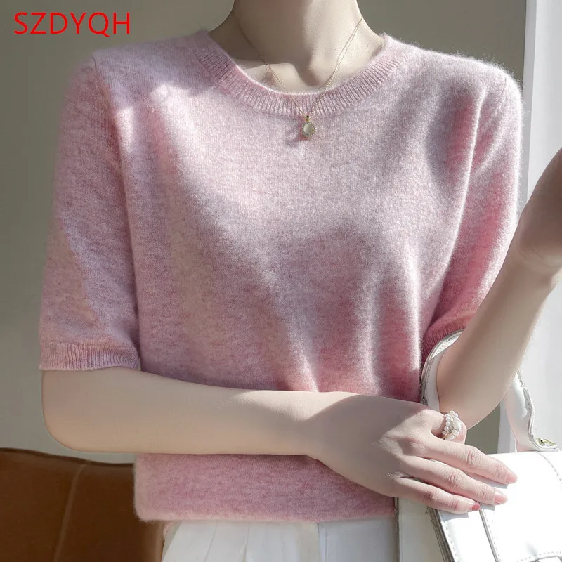 Top Trends: Women 100% Cashmere Sweater T-shirt 2023 New Short Sleeve Pullover Spring O-Neck Basic Jumper For Female Soft Shirt Girl Clothes Shoppable Styles