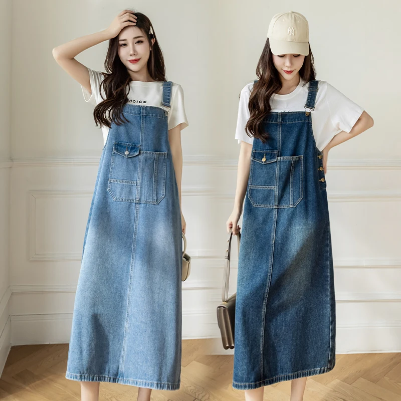 Top Trends: S-5XL Women Denim Dresses Spring Summer Big Pocket Loose Casual Mid Length Jean Suspender Straps Dress Female Vestidos Shoppable Styles