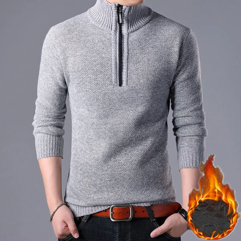 Top Trends: Fashion Men Fleece Thicken Autumn Winter Sweaters Zipper Mock Neck Long Sleeve Male Clothes Casual Bottoming Slim Knit Pullovers Shoppable Styles