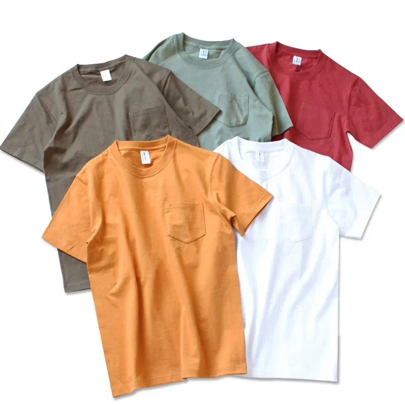 Top Trends: 265g Thick Retro Cotton Heavy T-shirts Seamless Round Neck Pocket Short-sleeved Tshirts Men Tops Tee Breathable Skin-friendly Shoppable Styles