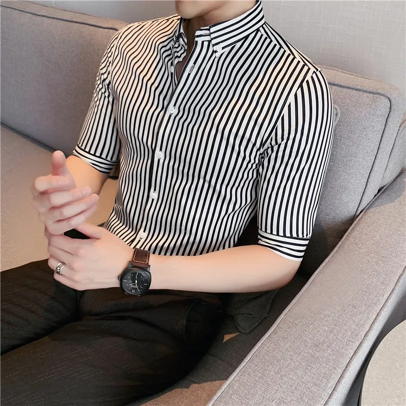 Top Trends: 2023 Quality Business Formal Wear Men Striped Shirts Dress Tuxedo Short Sleeve Shirts Simple Slim Fit Casual Chemise Homme S-4XL Shoppable Styles