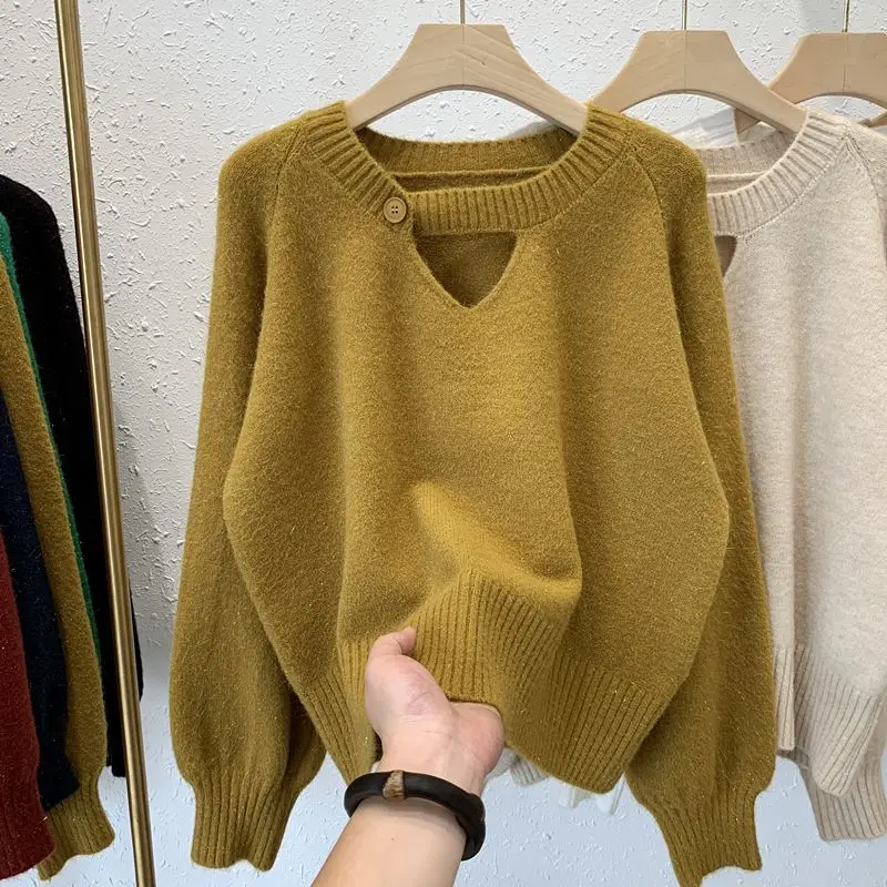 Top Trends: Fashion Hollow Out Button All-match Knitted Sweater Female Clothing 2023 Autumn Winter New Korean Pullovers Casual Tops Shoppable Styles